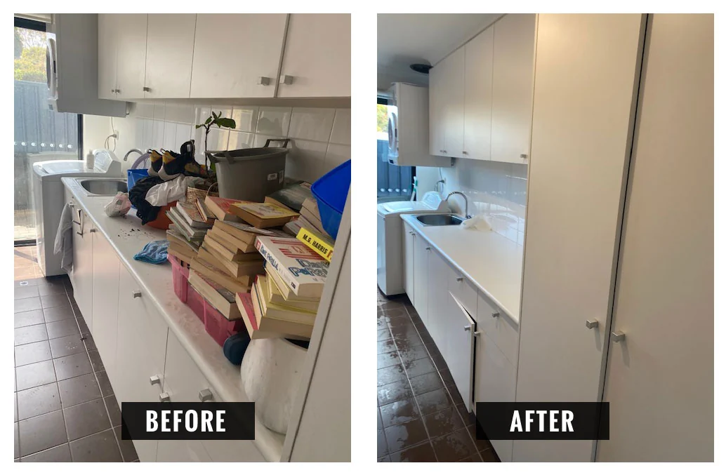 Before and after: a cluttered kitchen bench cleared and cleaned