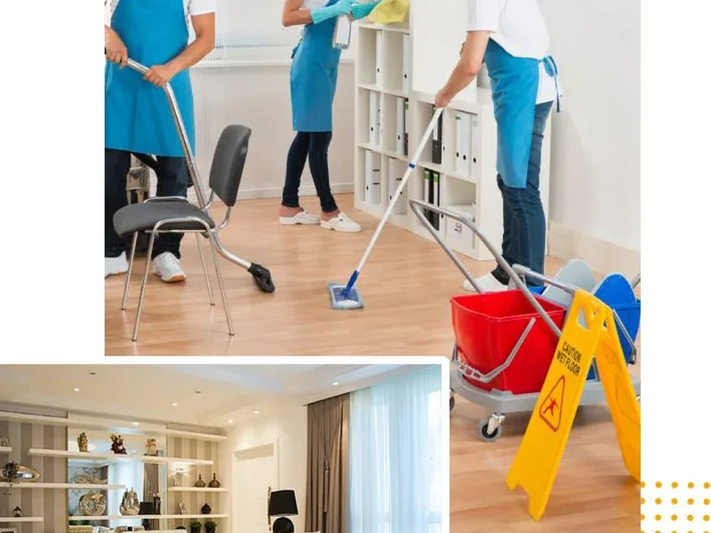 Cleaners mopping and vacuuming a room beside a wet-floor sign
