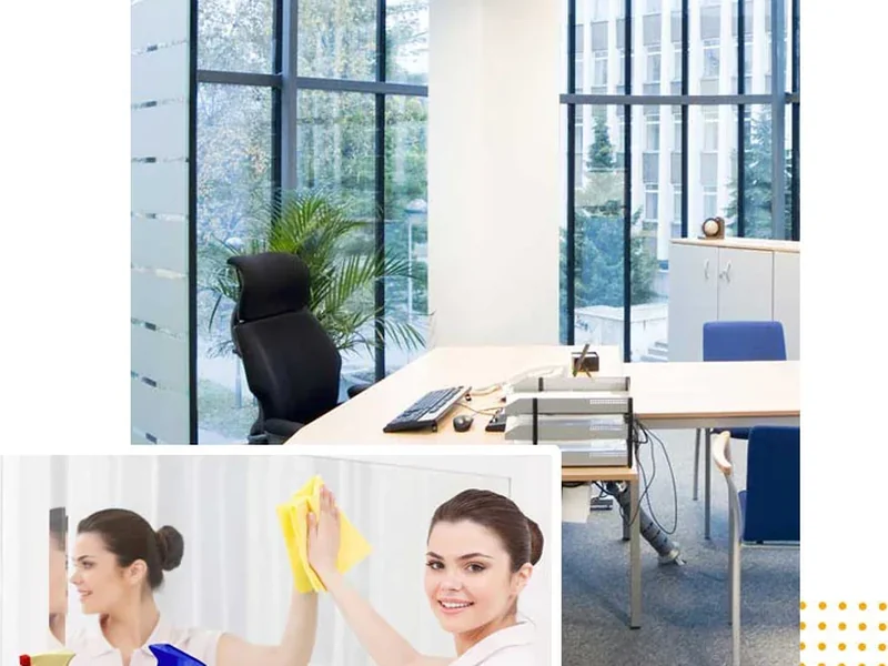 A bright open-plan office, with two cleaners wiping glass in an inset photo