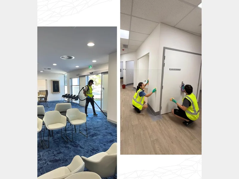 Living Fresh cleaners vacuuming a waiting room and wiping down a corridor