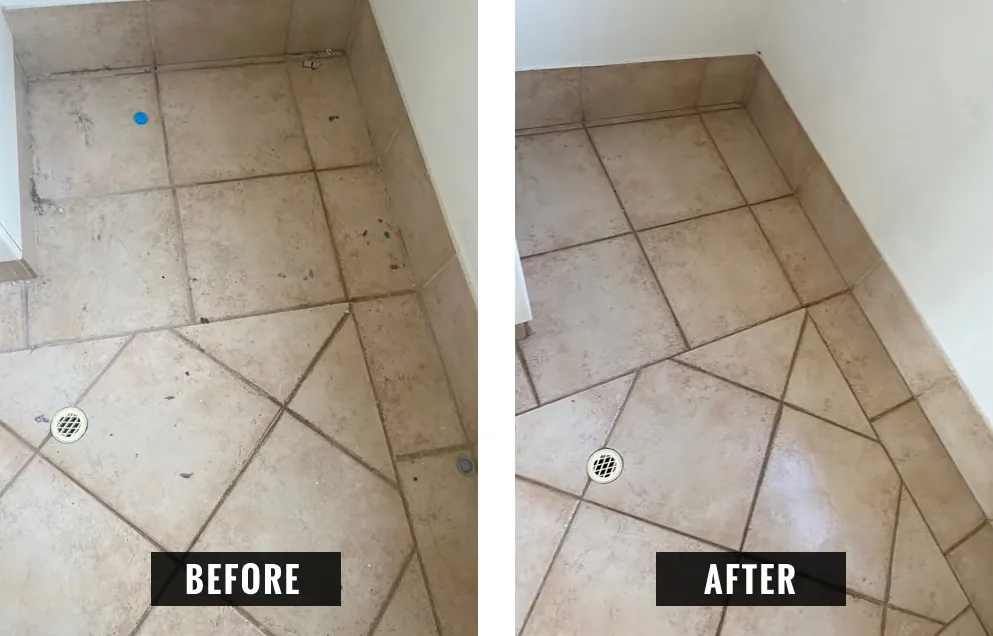 Commercial floor tiles before and after scrubbing, with grime removed from tiles and grout