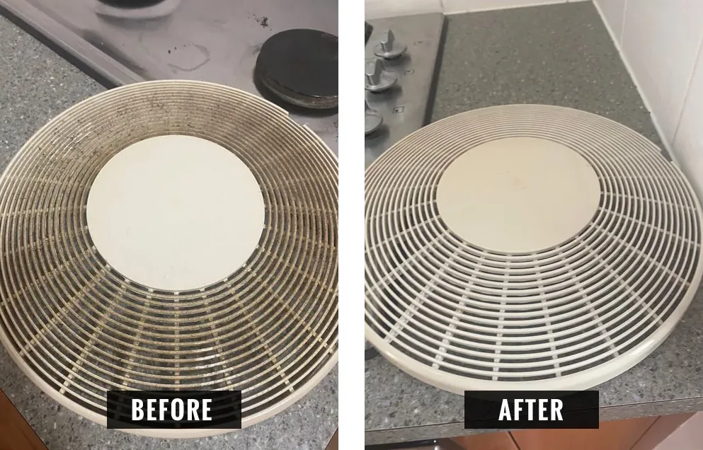 Ventilation fan cover before and after cleaning, dust and grime removed