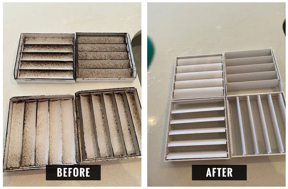 Commercial kitchen rangehood filters before and after degreasing