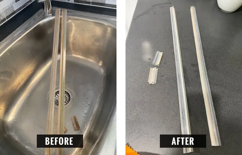 Stainless steel drain channel before and after cleaning