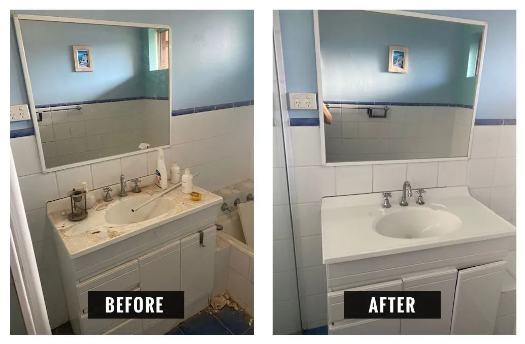 Bathroom vanity before and after cleaning, with a cluttered, grimy basin made spotless
