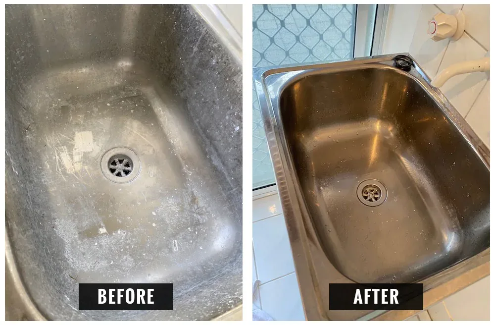 Stainless steel sink before and after cleaning, stains and dullness removed