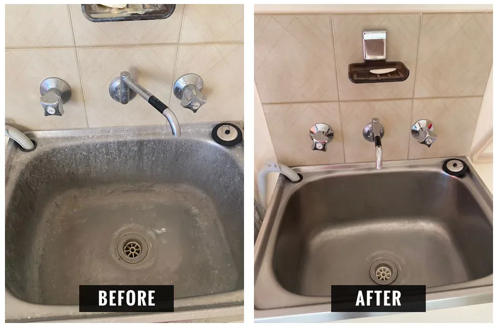 Laundry trough and taps before and after cleaning