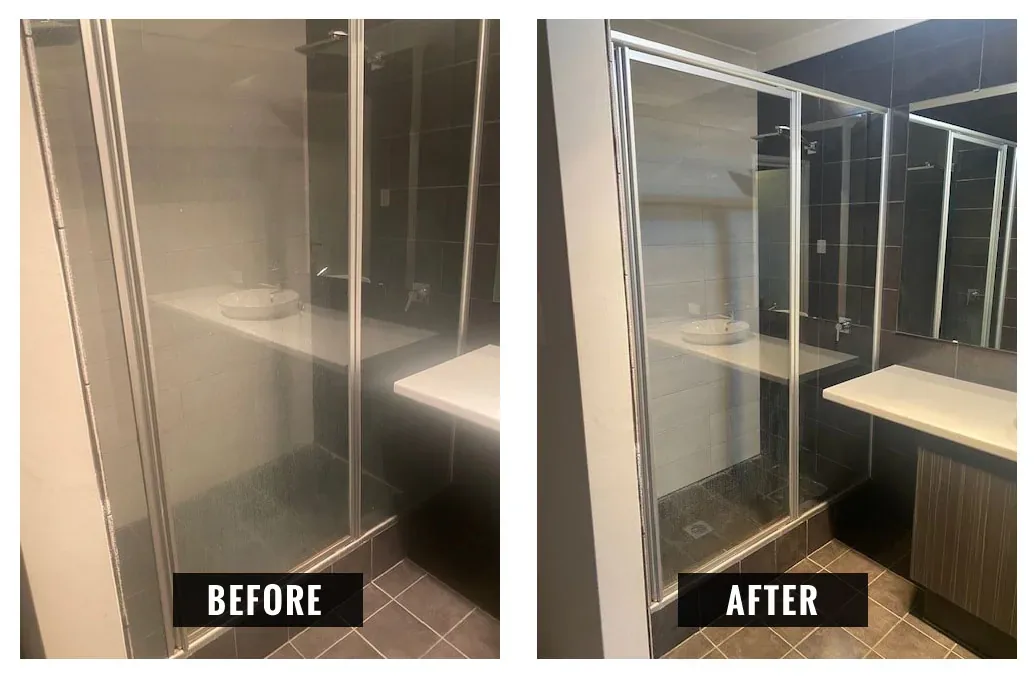 Shower door before and after, soap scum and marks removed