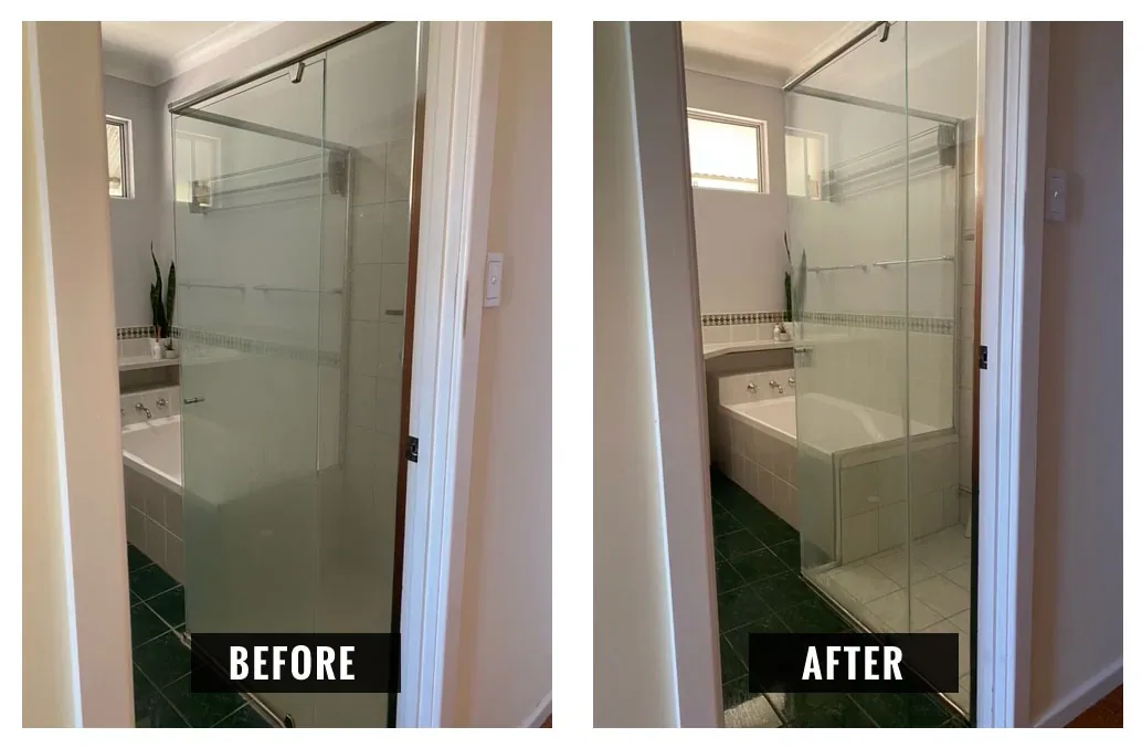 Shower enclosure before and after cleaning, glass and frame restored