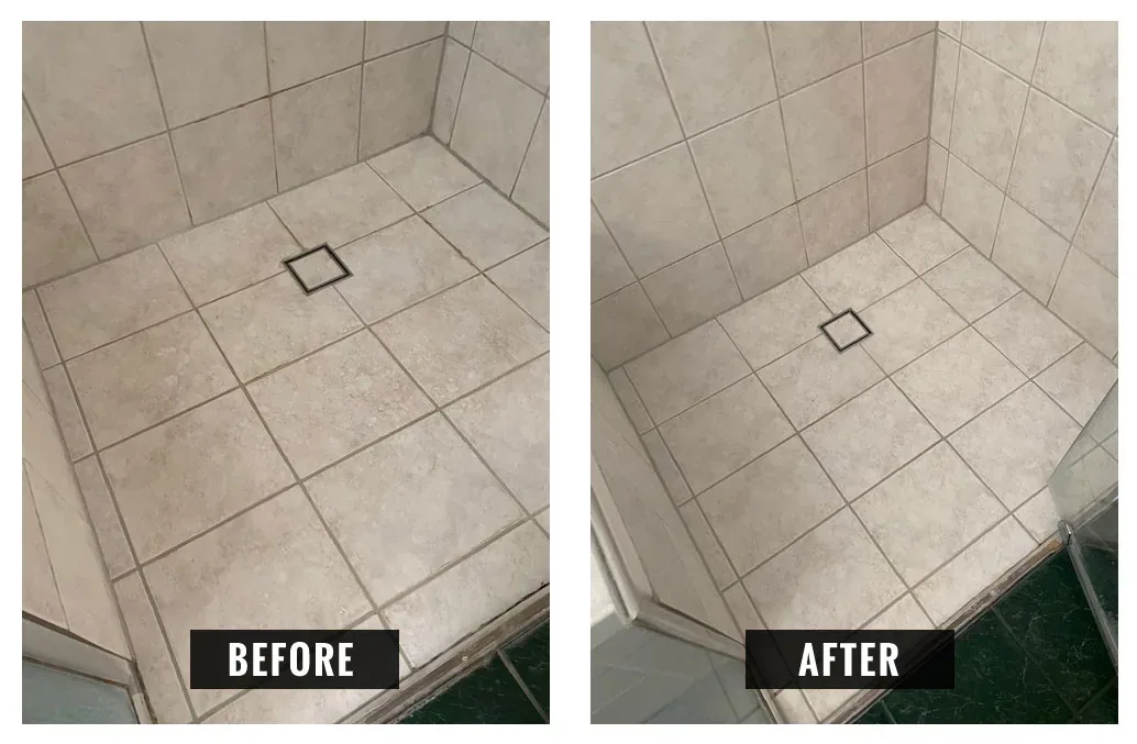 Shower floor tiles before and after, grime removed from tiles and grout
