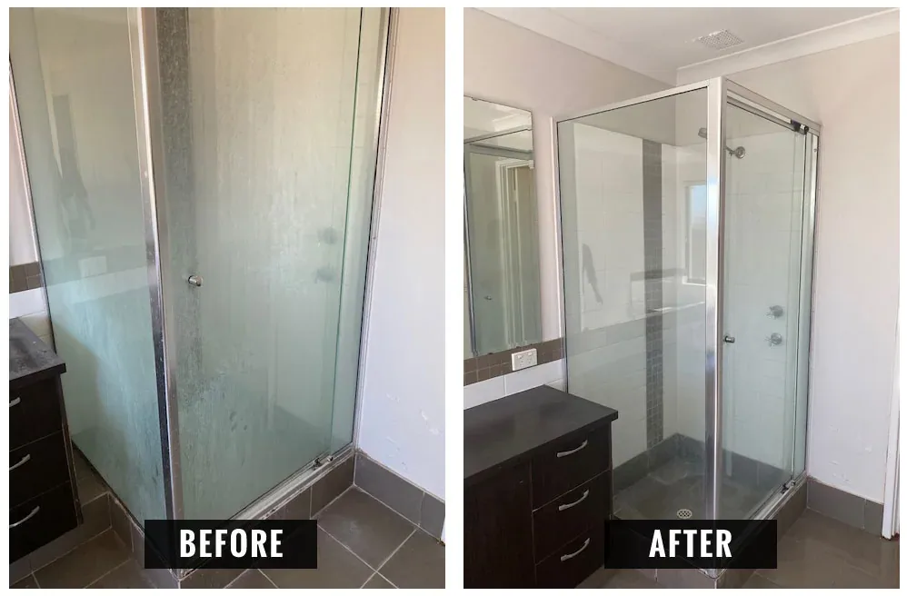 Shower glass before and after, cloudy build-up removed