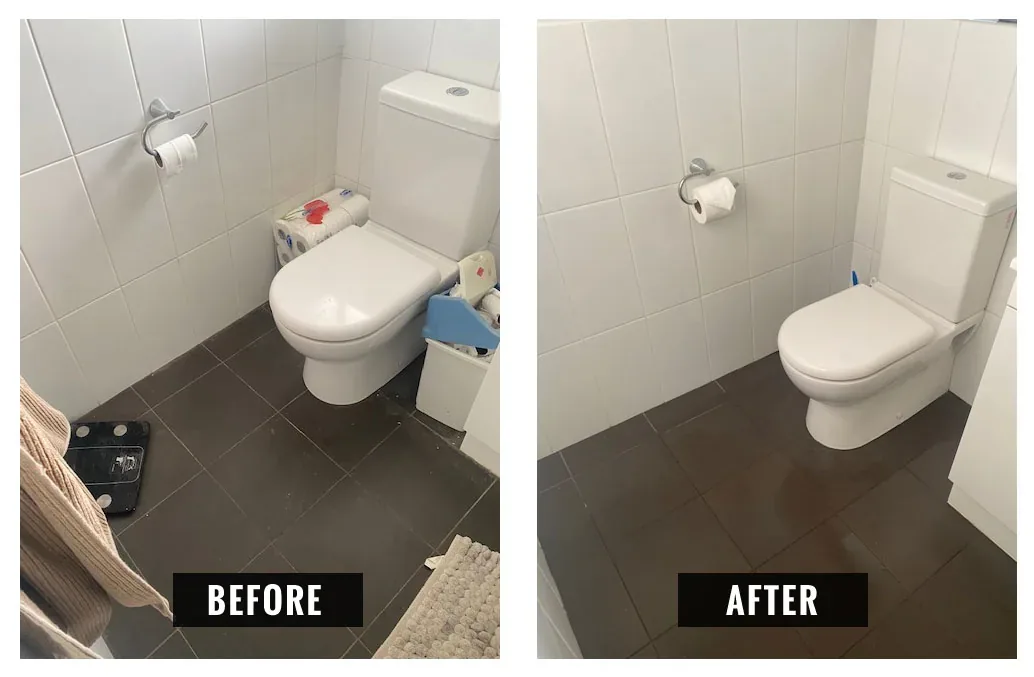 Toilet and bathroom floor before and after a deep clean