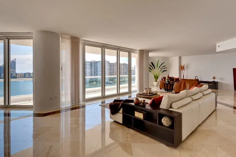 Bright living room with large clean glass doors