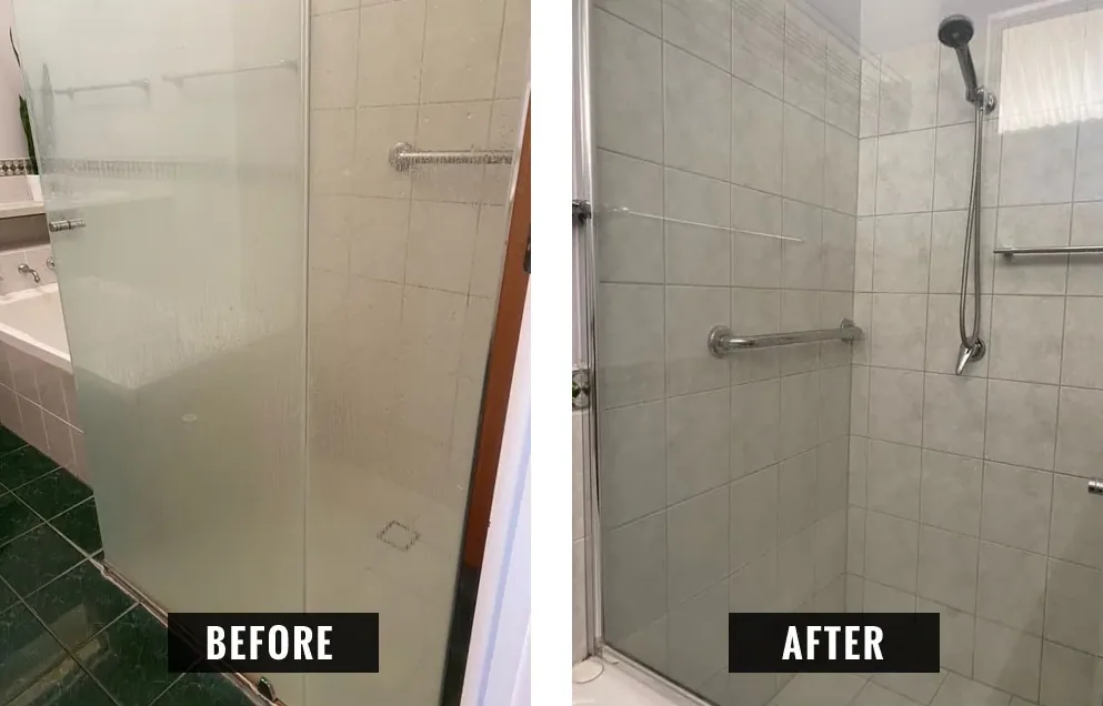 Frameless glass before and after cleaning, water marks removed