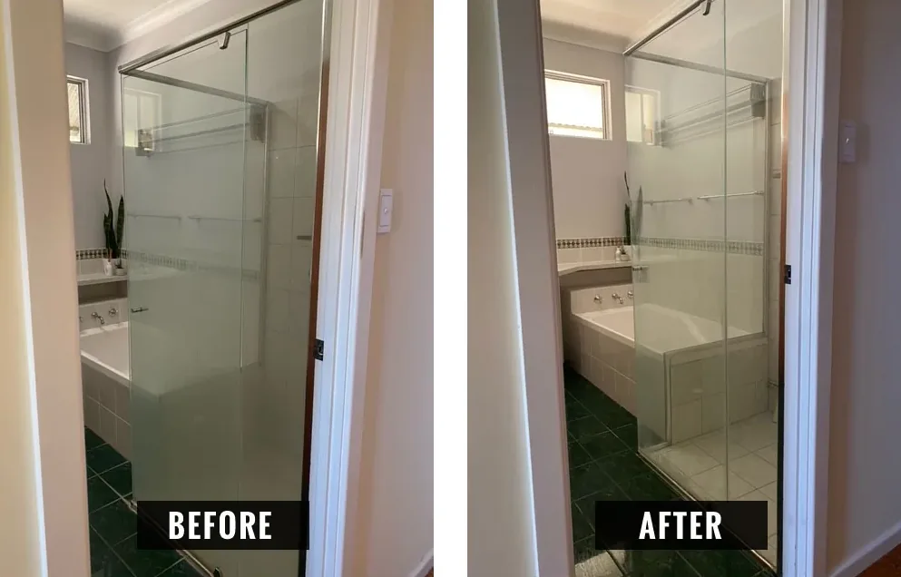 Cloudy glass panel before and after cleaning, now clear