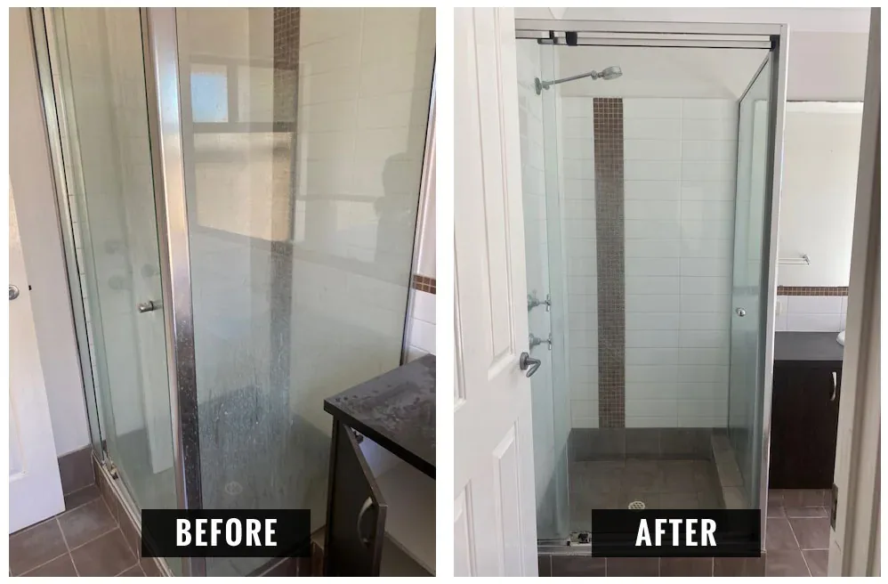 Glass screen before and after cleaning, soap scum and water marks removed