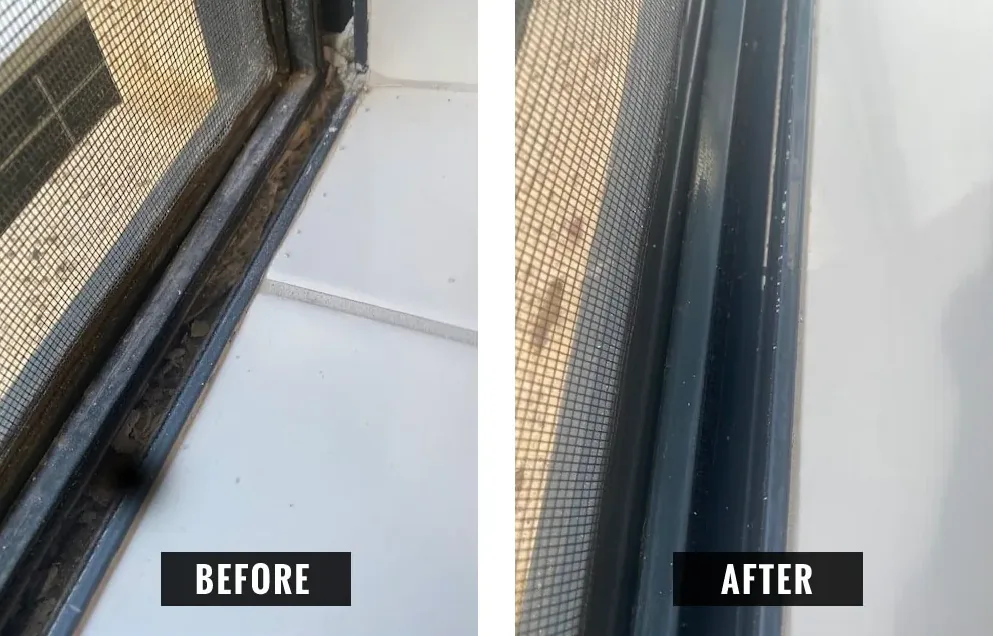 Sliding window track before and after cleaning, with dirt and grit removed