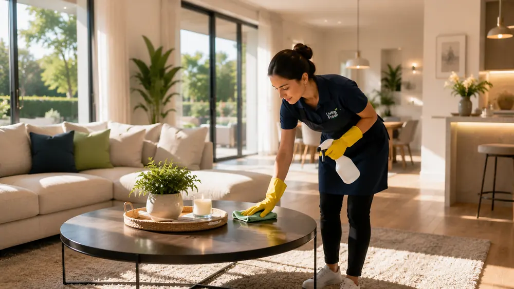 A Living Fresh cleaner in team uniform wiping down a table in a Perth living room