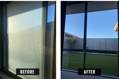 Before and after: a clouded sliding door cleaned to clear glass