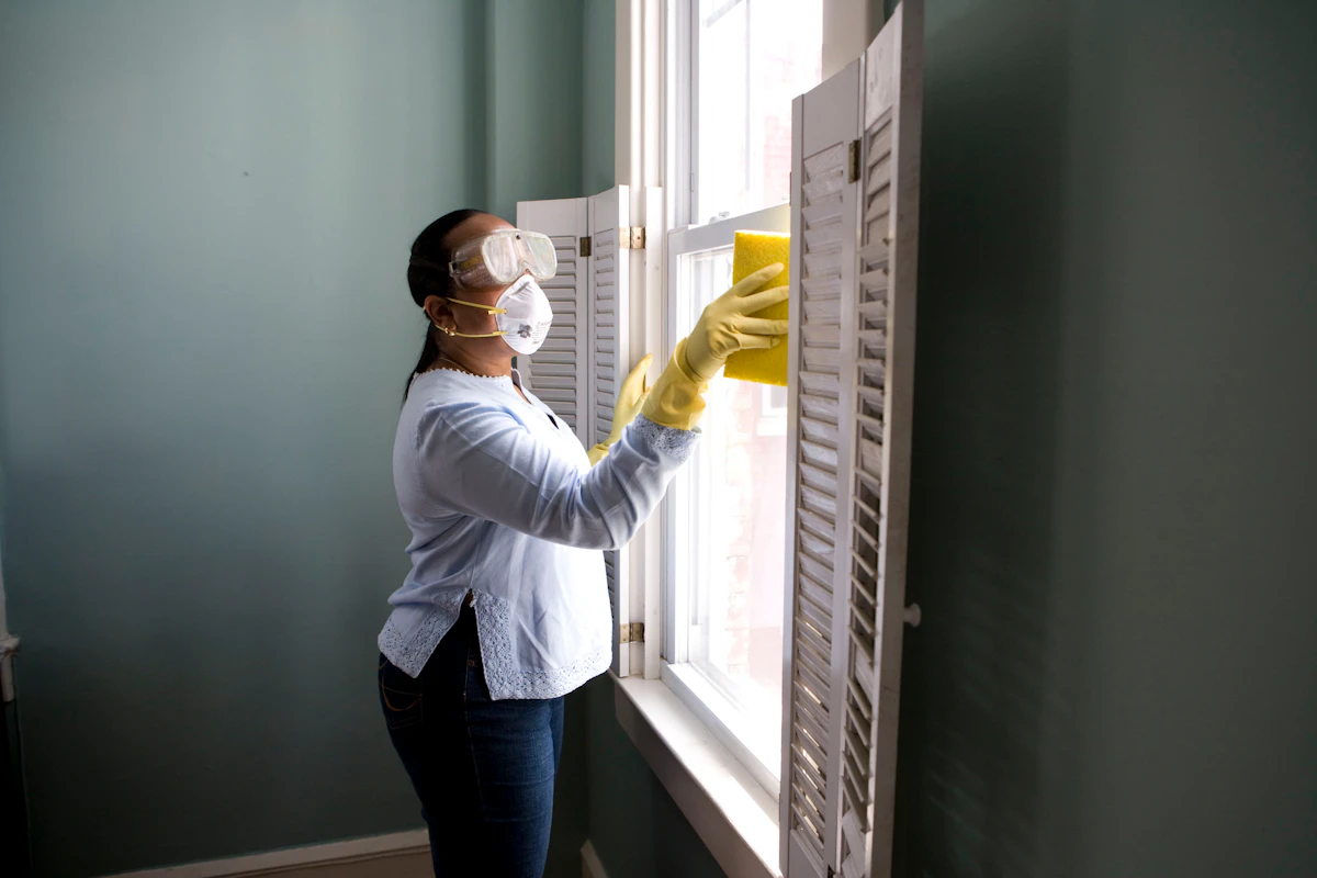 Cleaner in goggles, mask and gloves disinfecting a surface
